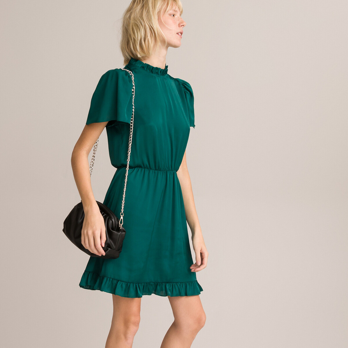 Платье Короткое воротник-стойка с воланом короткие рукава 40 зеленый LaRedoute, размер 40 - фото 3