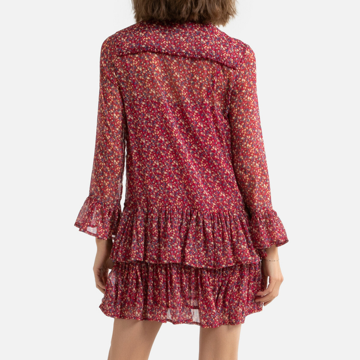 Платье LaRedoute Короткое с цветочным принтом вставка воланов XS красный, размер XS - фото 4
