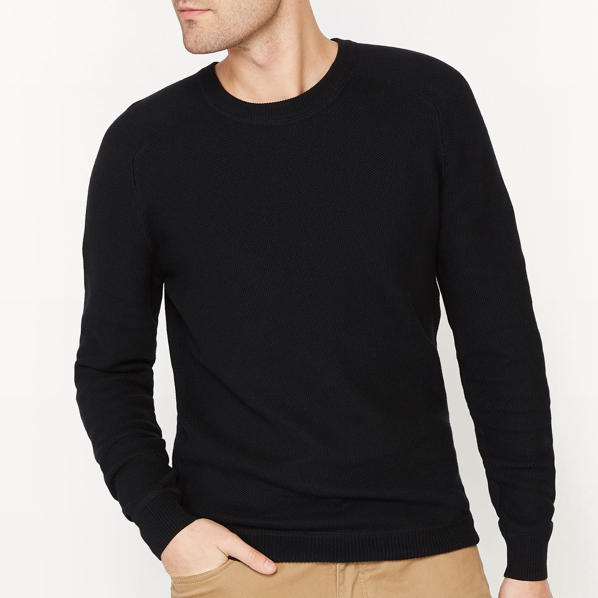 Pull col rond en maille fantaisie pur coton