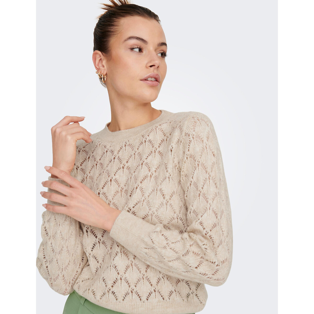 Пуловер Из ажурного трикотажа круглый вырез XL бежевый LaRedoute, размер XL - фото 1