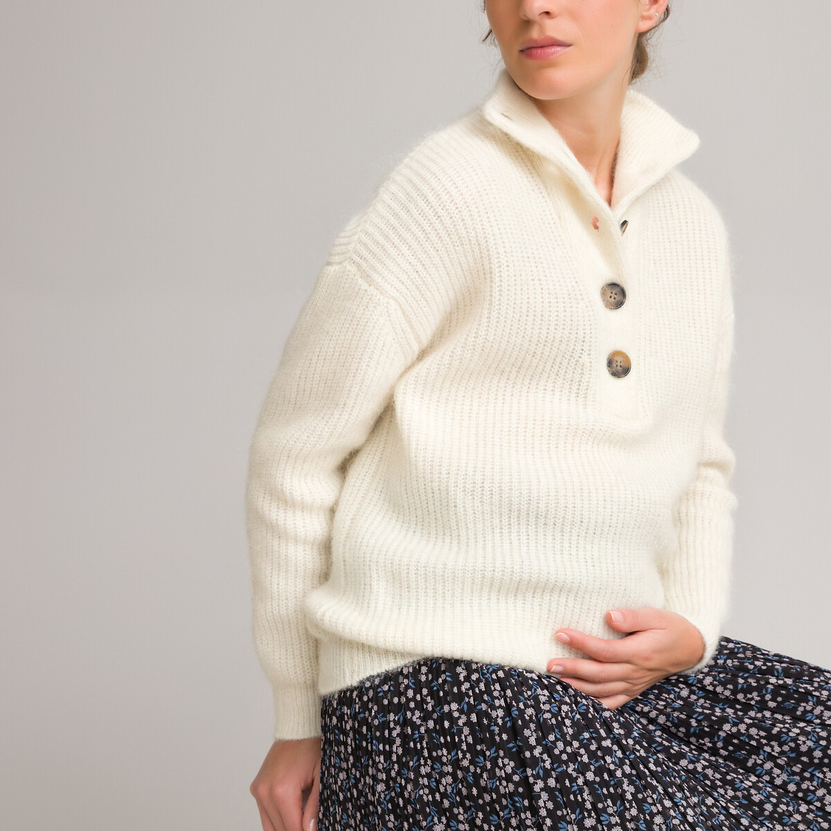Пуловер LaRedoute Для периода беременности воротник-стойка на пуговицах XL белый, размер XL - фото 1