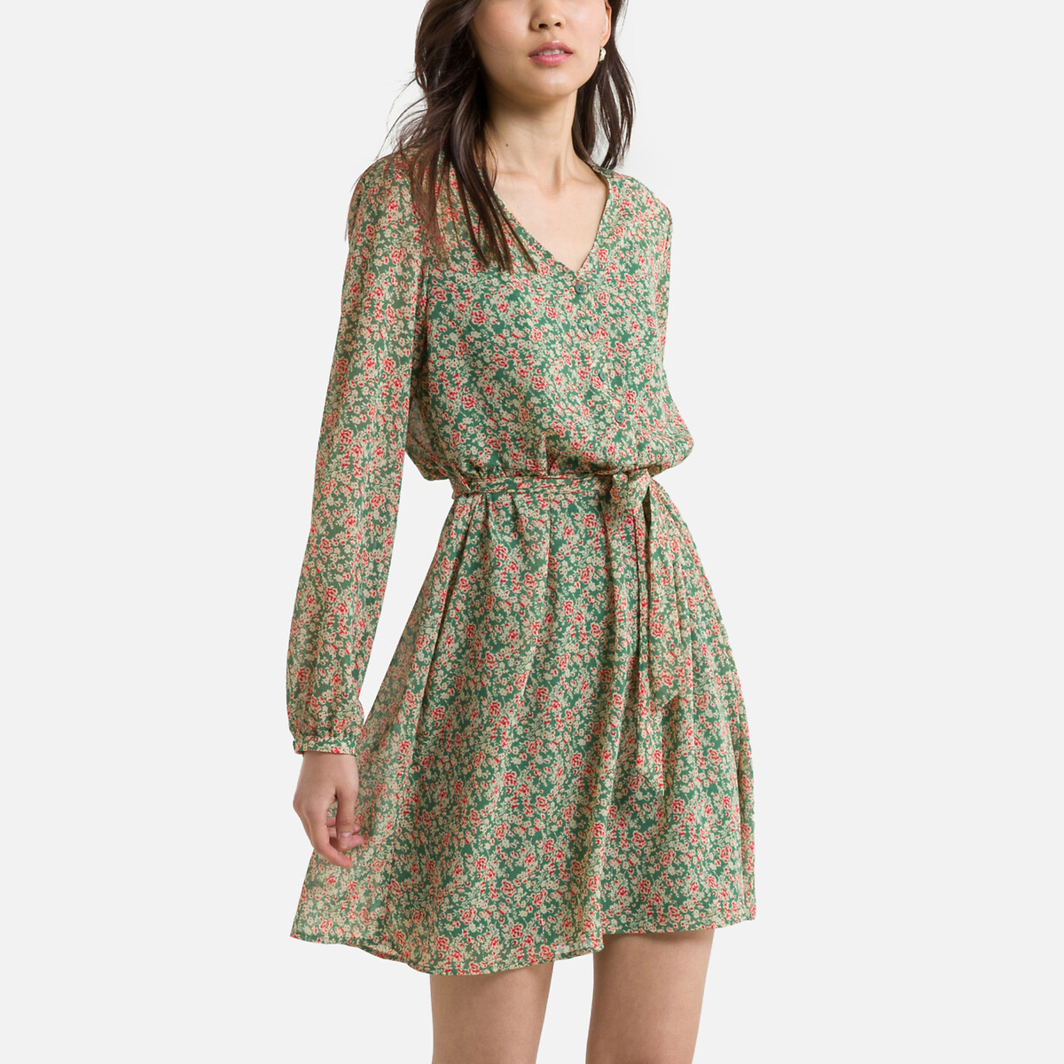 Платье ONLY Короткое с цветочным рисунком и V-образным вырезом M зеленый, размер M - фото 1