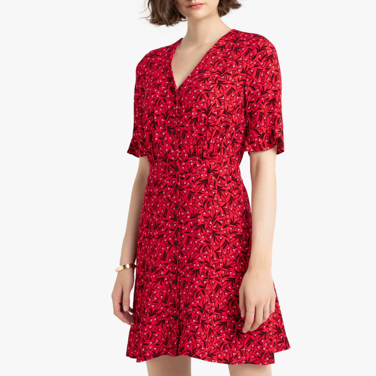 Платье La Redoute Короткое расклешенное с V-образным вырезом и короткими рукавами 34 (FR) - 40 (RUS) красный, размер 34 (FR) - 40 (RUS) Короткое расклешенное с V-образным вырезом и короткими рукавами 34 (FR) - 40 (RUS) красный - фото 1