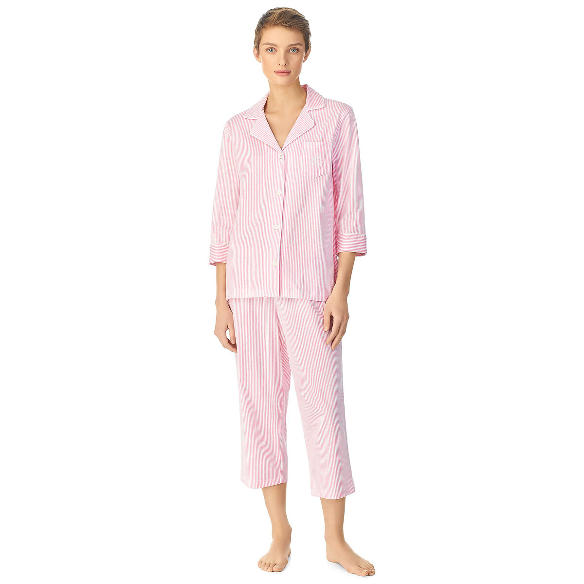 Пижама Длинная в полоску из хлопка рукава 34 XS розовый
