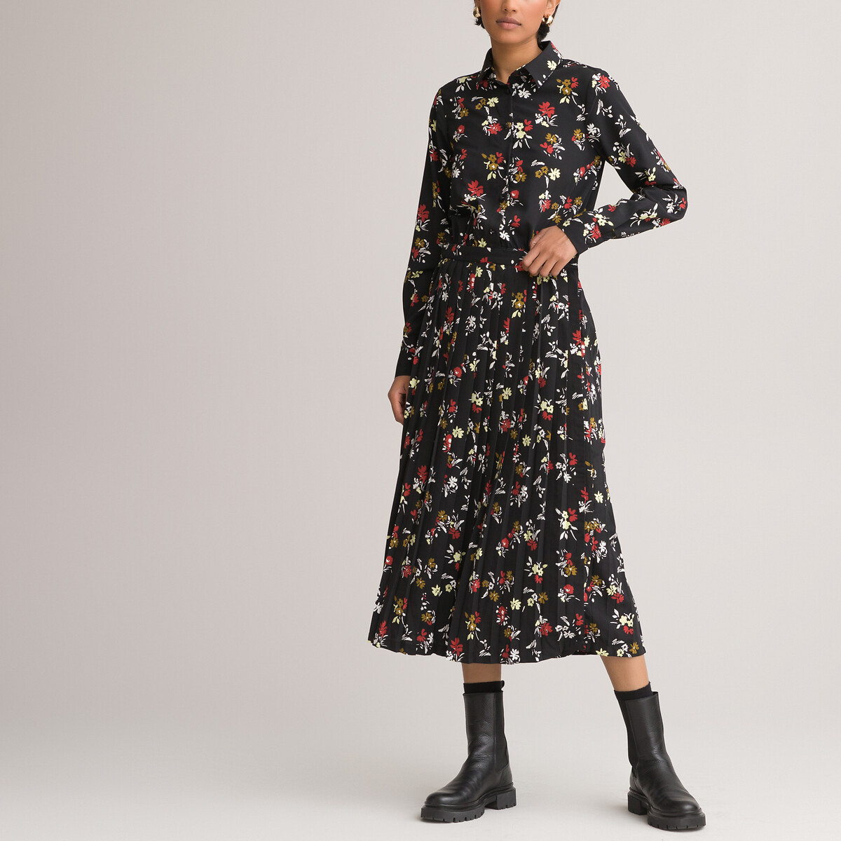 Платье-рубашка LaRedoute С низом с плиссировкой и цветочным принтом 54 черный, размер 54 - фото 1