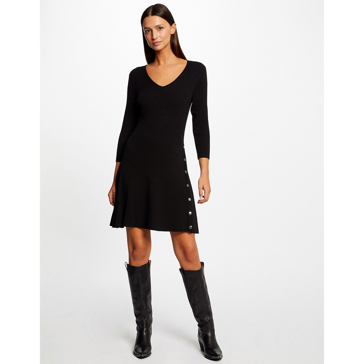 Платье-пуловер В форме трапеции вставки с пуговицами XS черный LaRedoute, размер XS - фото 2
