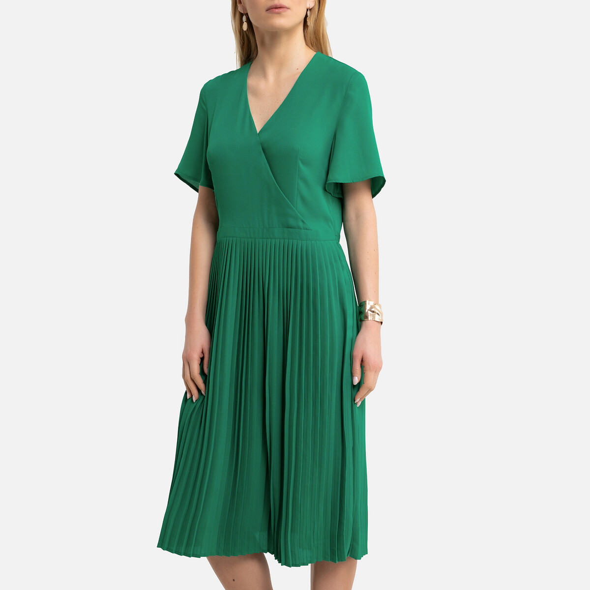 Платье-миди LaRedoute Плиссированное с короткими рукавами 36 (FR) - 42 (RUS) зеленый, размер 36 (FR) - 42 (RUS) Плиссированное с короткими рукавами 36 (FR) - 42 (RUS) зеленый - фото 1