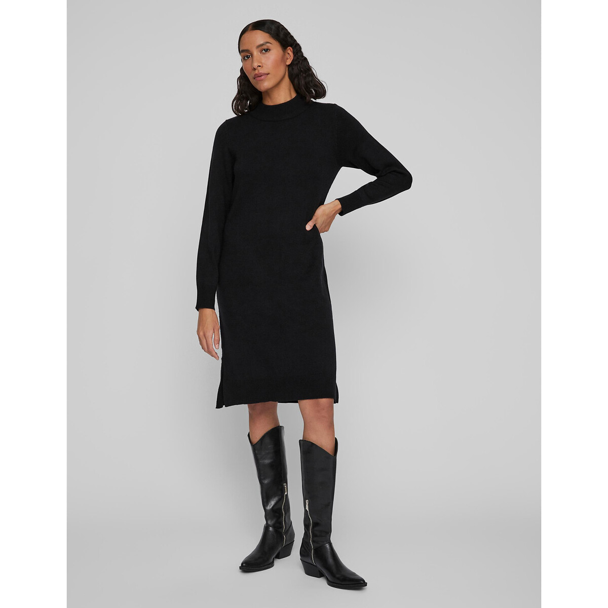 Платье-пуловер Миди из тонкого трикотажа воротник-стойка XL черный LaRedoute, размер XL - фото 1