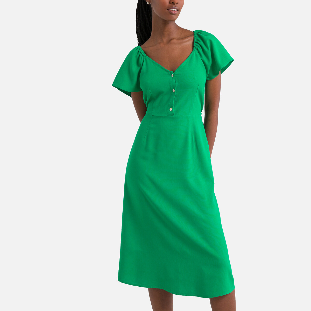 Платье Длинное с короткими рукавами L зеленый
