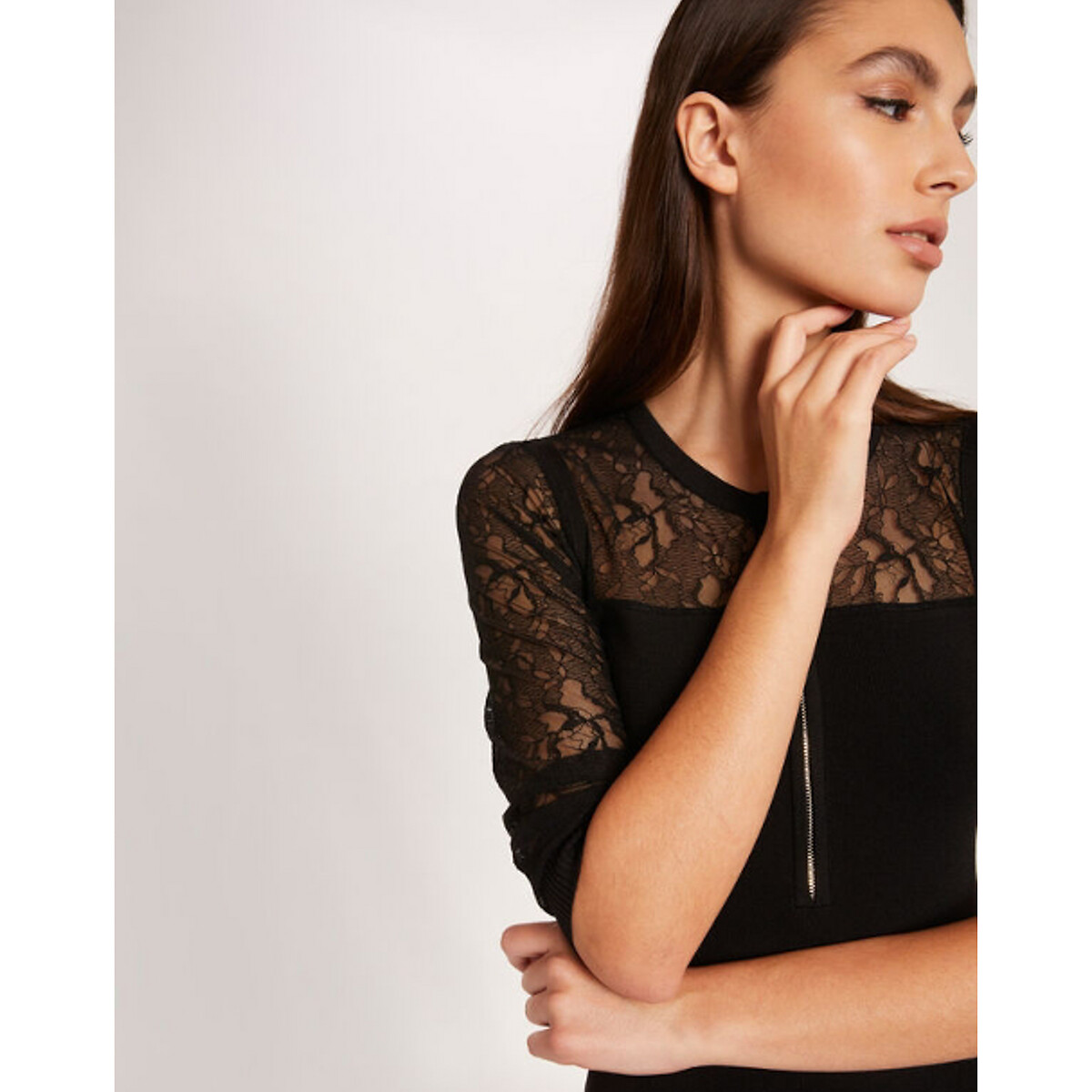 Платье-пуловер LaRedoute Облегающее с кружевом S черный, размер S - фото 3