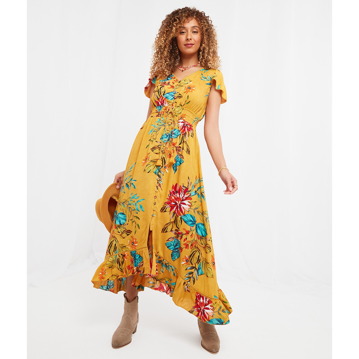 Платье Длинное с принтом тропические цветы 44 желтый