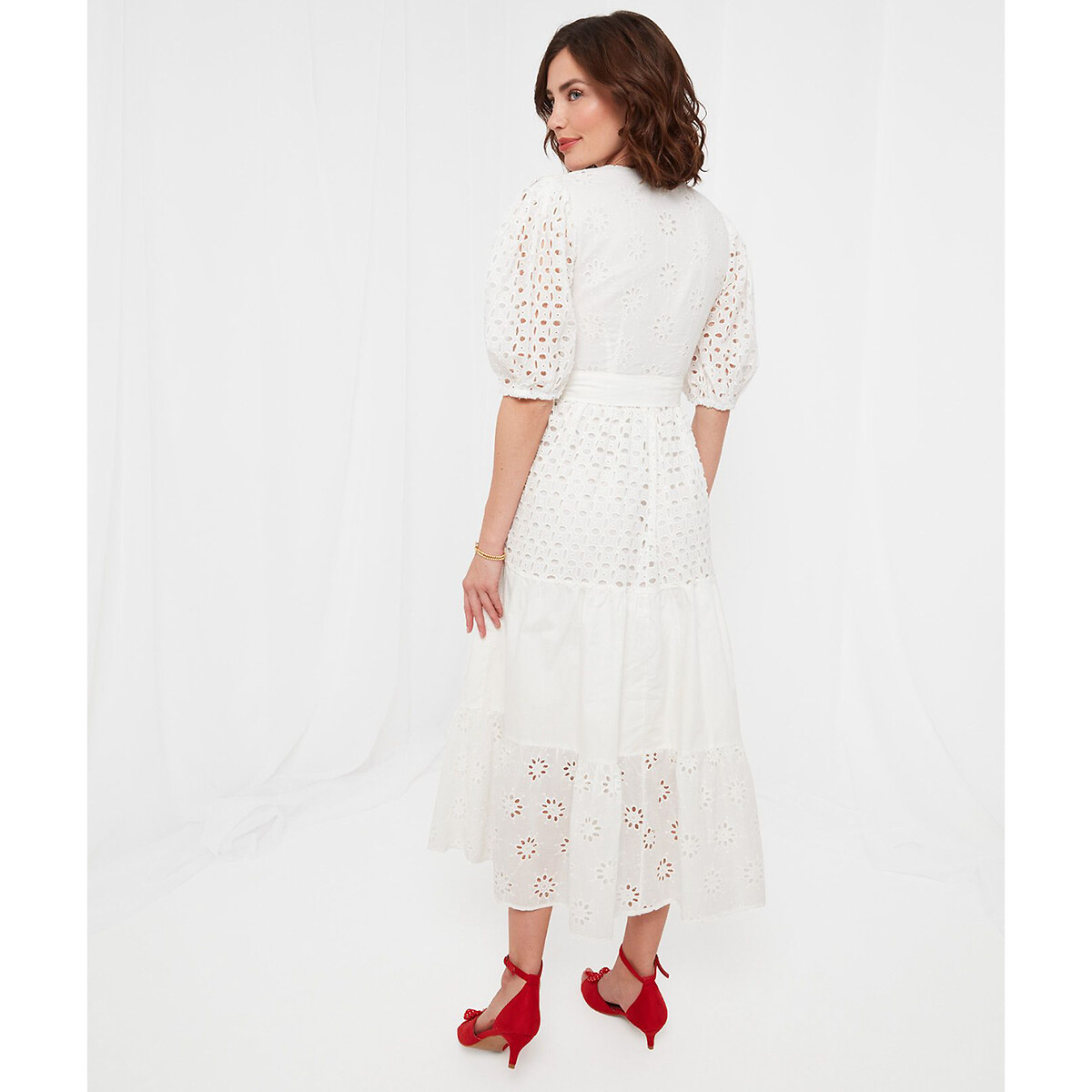 Платье-миди Вырез с запахом короткие рукава вышивка 50 белый LaRedoute, размер 50 - фото 4
