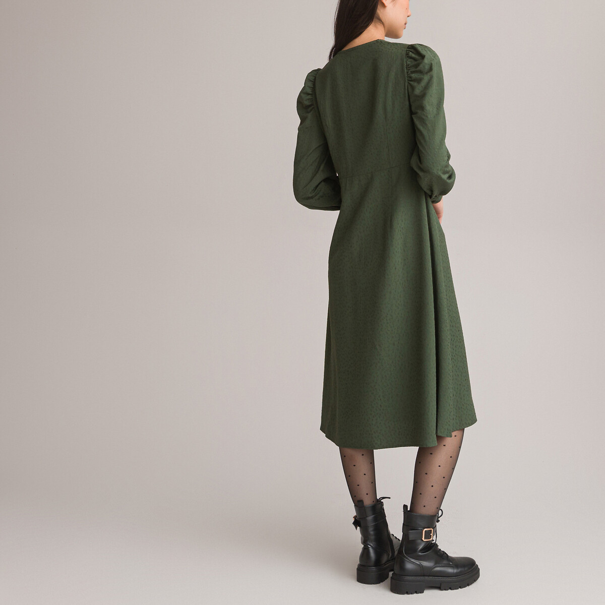 Платье С V-образным вырезом с длинными рукавами жаккардовая ткань 40 зеленый LaRedoute, размер 40 - фото 4