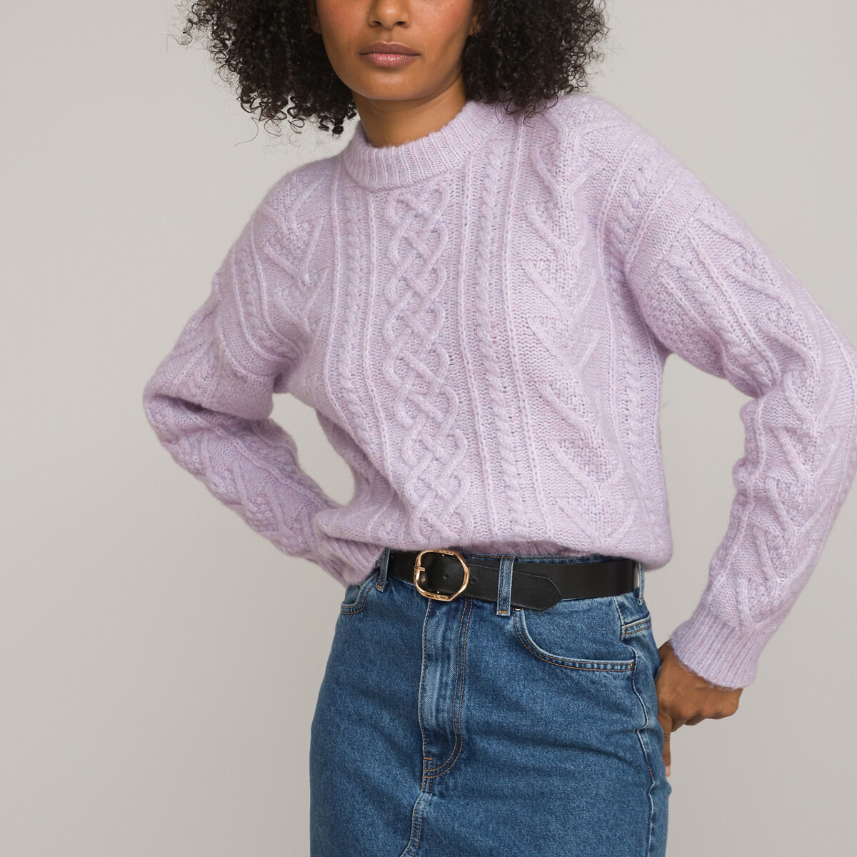 Пуловер с круглым вырезом из трикотажа с витым узором  M фиолетовый