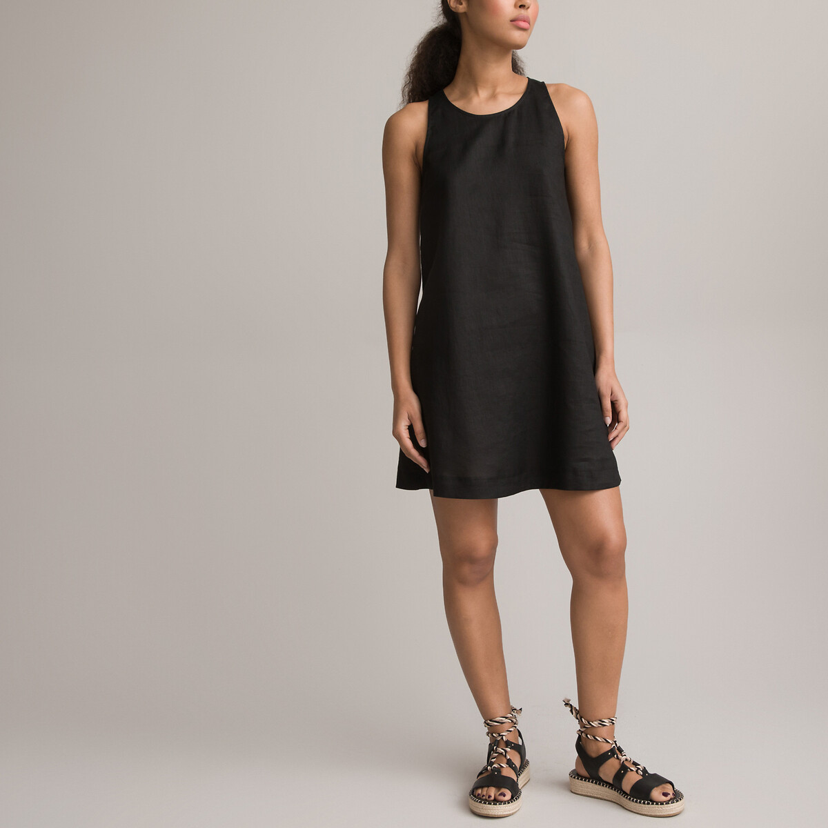 Платье Короткое без рукавов 100 лен 46 черный LaRedoute, размер 46 - фото 2