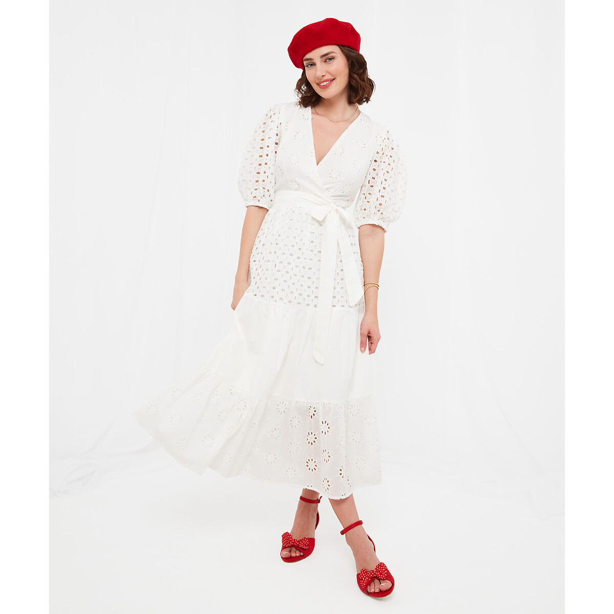 Платье-миди Вырез с запахом короткие рукава вышивка 44 белый LaRedoute, размер 44 - фото 3