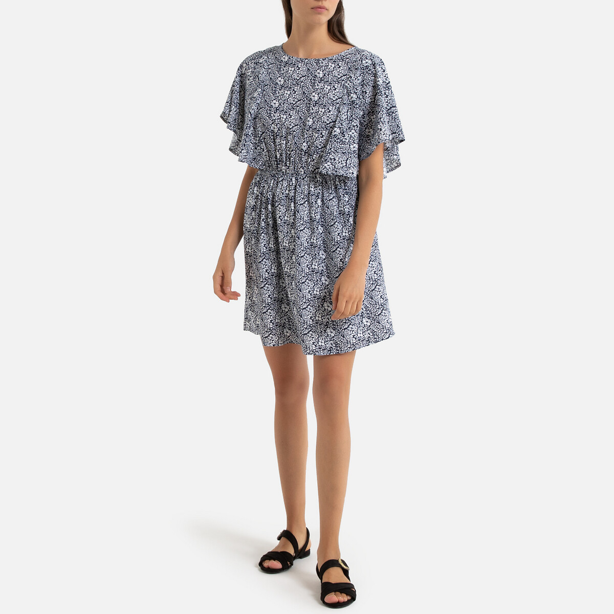 Платье La Redoute С цветочным рисунком и эластичным поясом S синий, размер S - фото 2