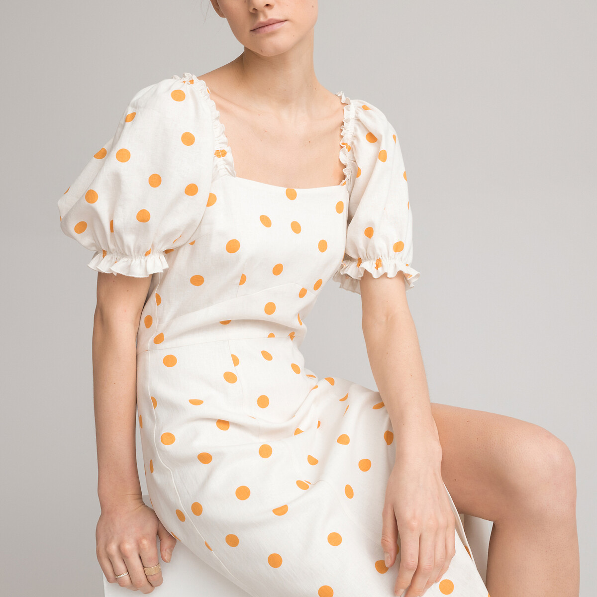 Платье LA REDOUTE COLLECTIONS Длинное в горошек с квадратным вырезом короткие рукава 40 желтый, размер 40 - фото 1