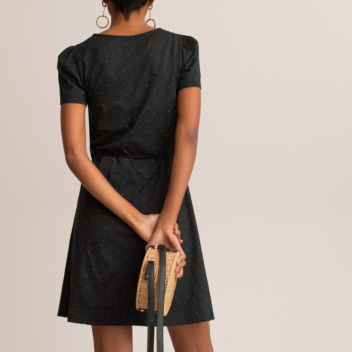 Платье La Redoute Прямое с v-образным вырезом принт в горошек укороченное XS черный, размер XS - фото 4
