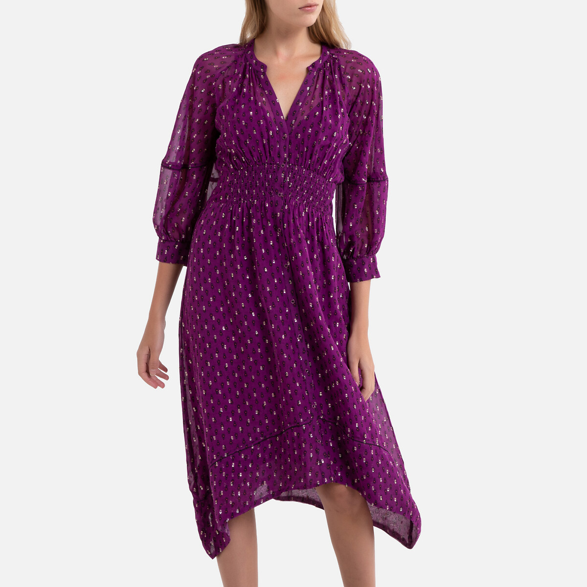 Платье LaRedoute С рисунком оборками и асимметричным низом CYANA 1(S) фиолетовый, размер 1(S) С рисунком оборками и асимметричным низом CYANA 1(S) фиолетовый - фото 1