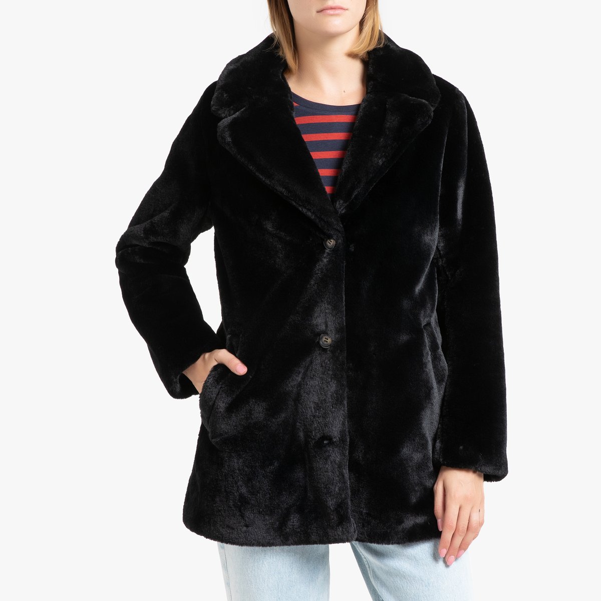 Пальто La Redoute Длинное с застежкой на пуговицы из искусственного меха USER M черный, размер M