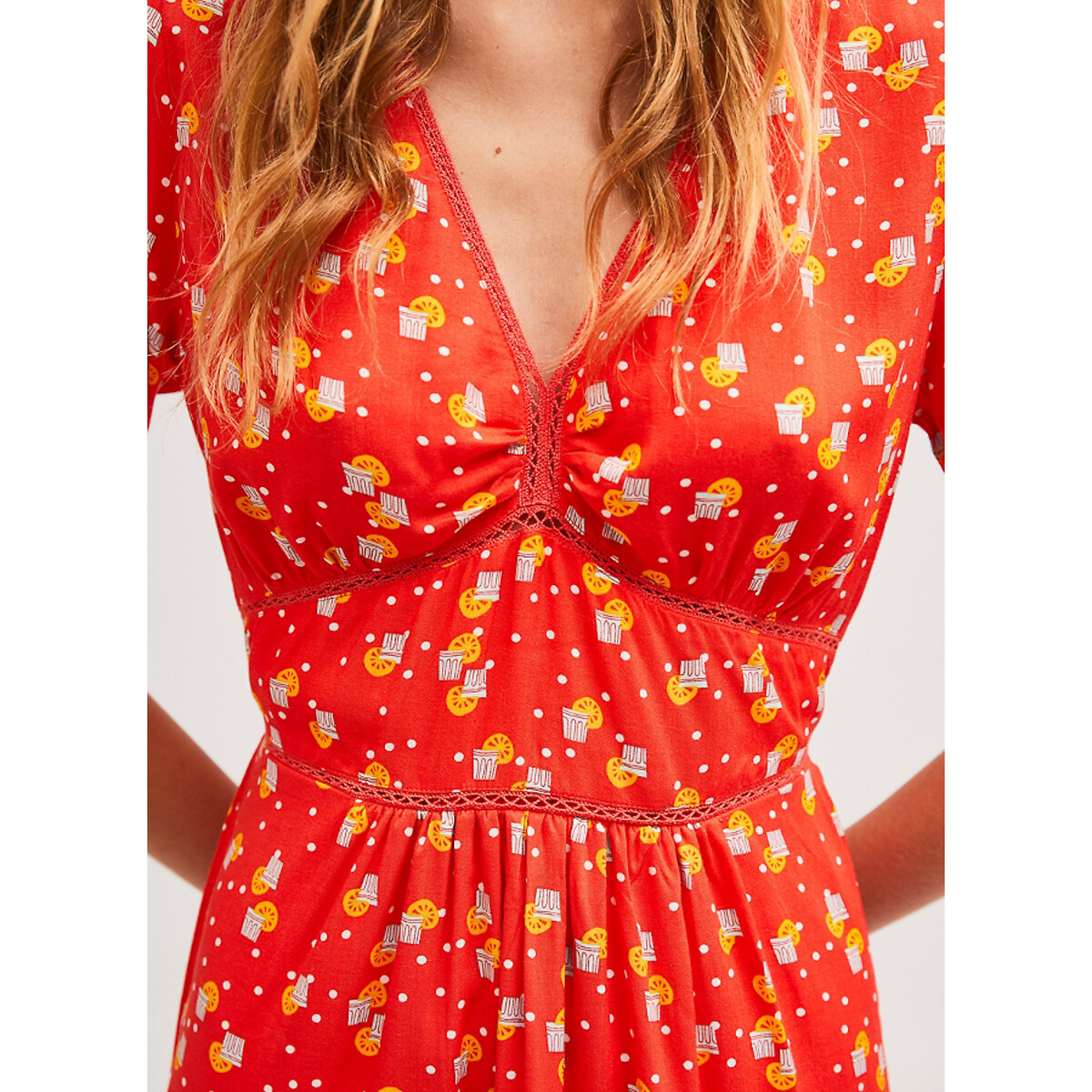 Платье LaRedoute Короткое с V-образным вырезом короткие рукава с принтом L красный, размер L - фото 3