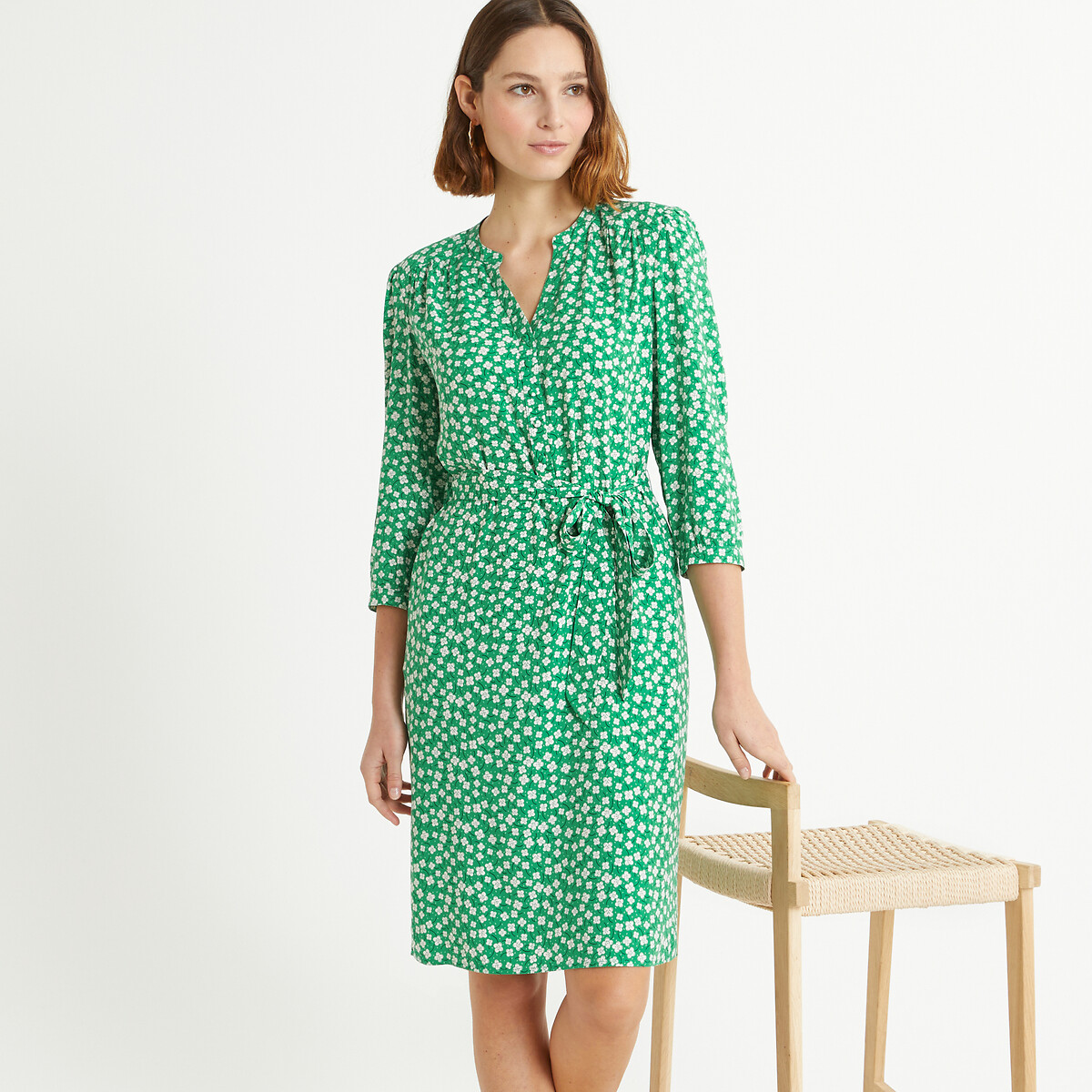 Платье-миди прямого покроя с цветочным принтом 44 зеленый