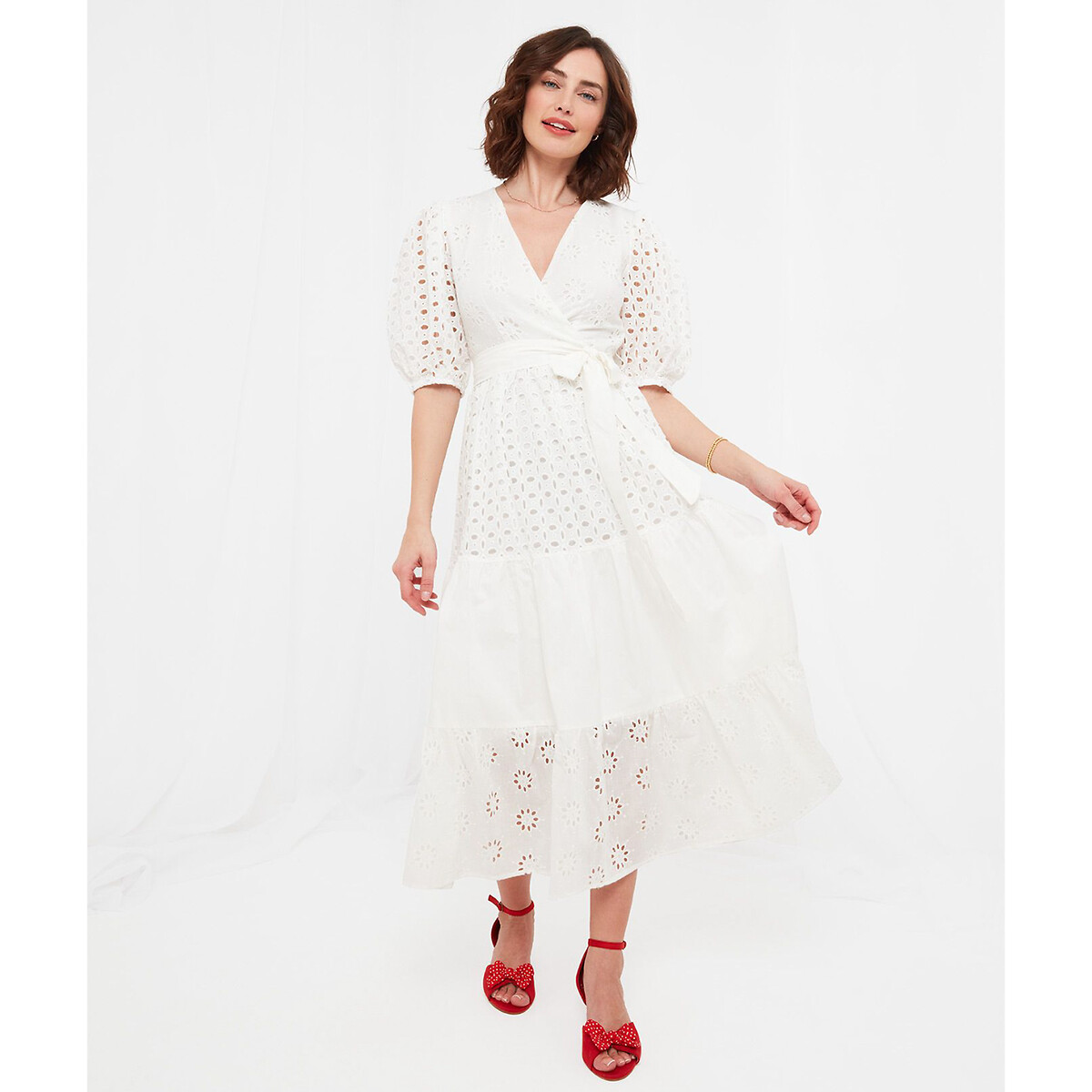 Платье-миди Вырез с запахом короткие рукава вышивка 44 белый LaRedoute, размер 44 - фото 1