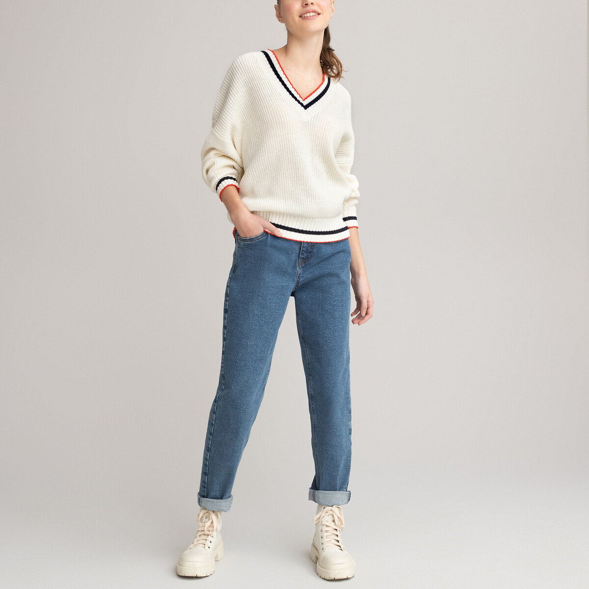 Пуловер LA REDOUTE COLLECTIONS С V-образным вырезом из плотного трикотажа 10-18 лет 16 лет - 162 см бежевый, размер 16 лет - 162 см - фото 2