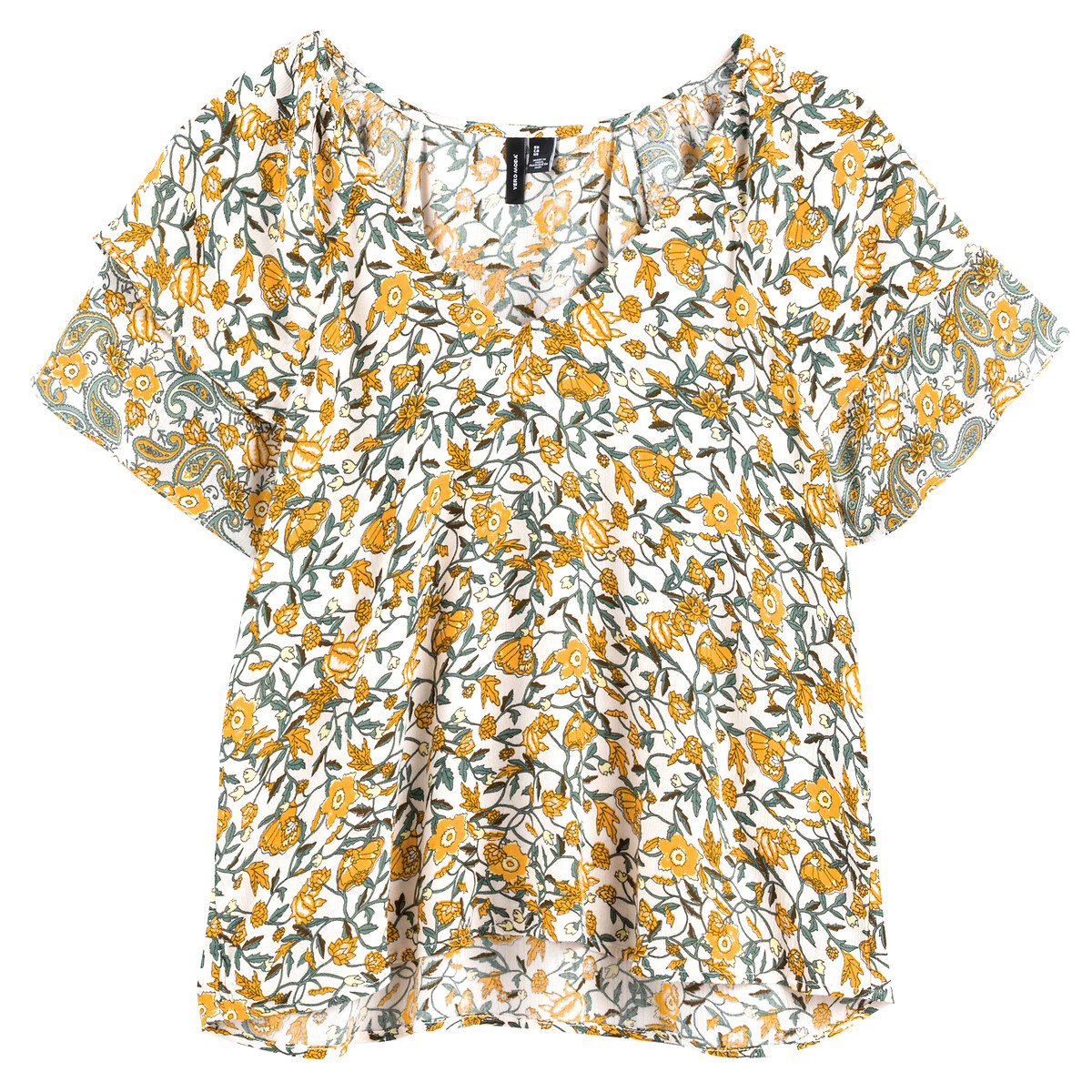 Блузка С V-образным вырезом цветочным рисунком и короткими рукавами M желтый