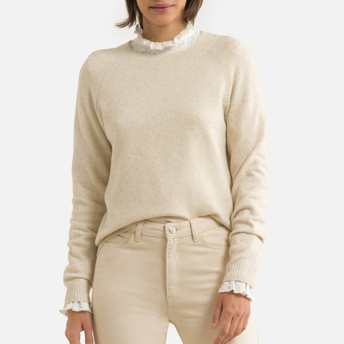 Пуловер LaRedoute С круглым вырезом из тонкого трикотажа M бежевый, размер M - фото 1