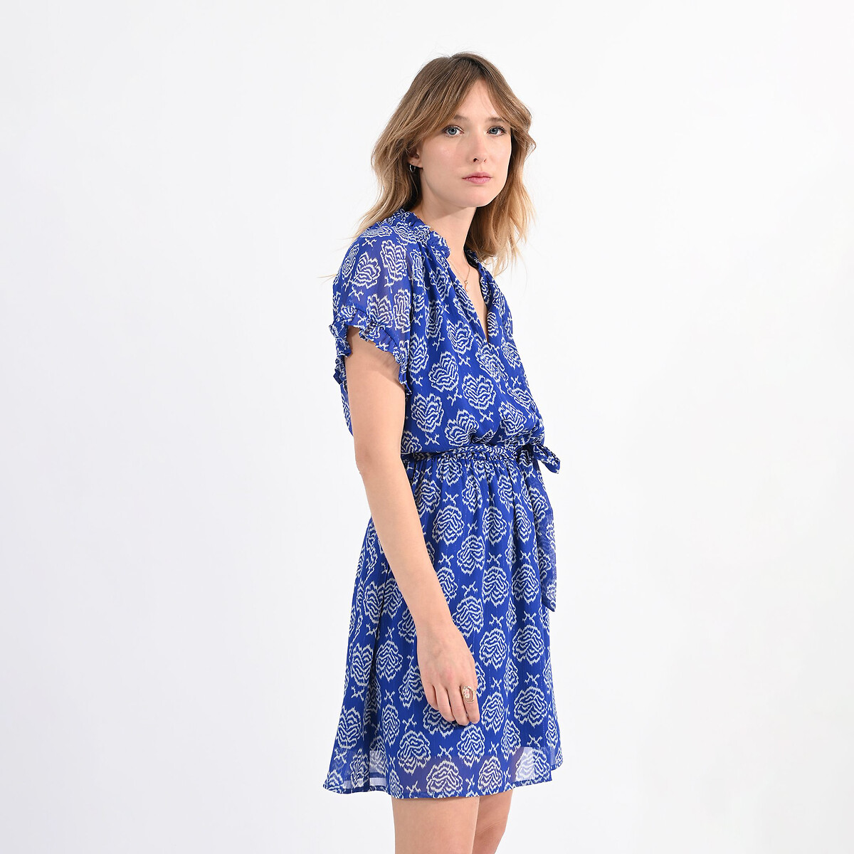 Платье короткое с принтом и поясом  XS синий LaRedoute, размер XS - фото 2