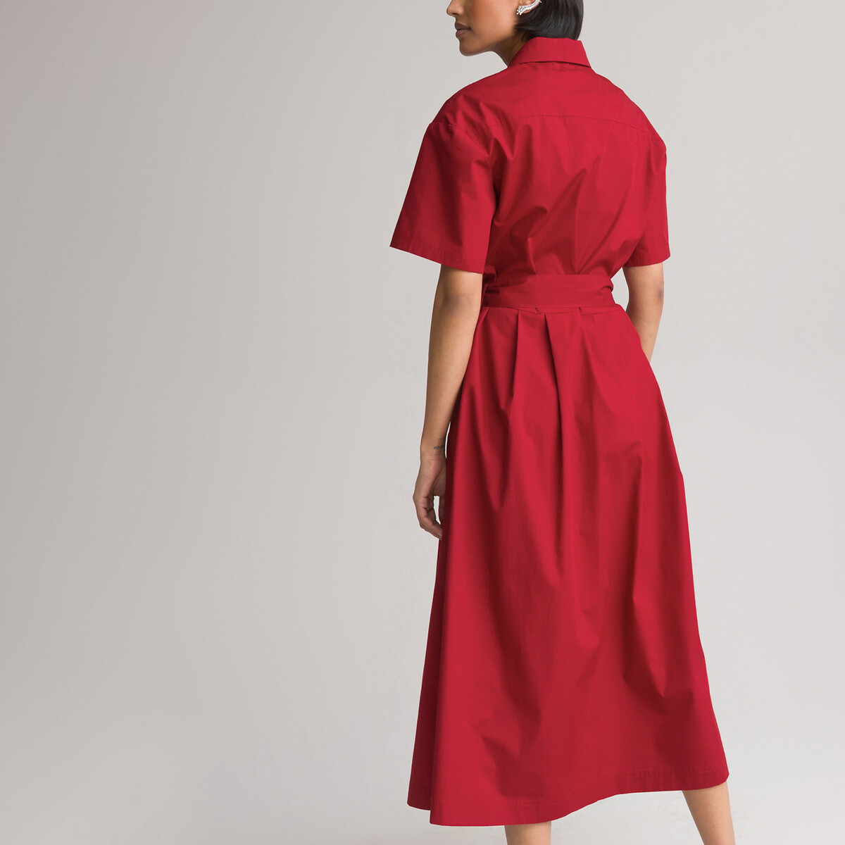 Платье-рубашка LA REDOUTE COLLECTIONS Длинное расклешенное из хлопка 40 красный, размер 40 - фото 4