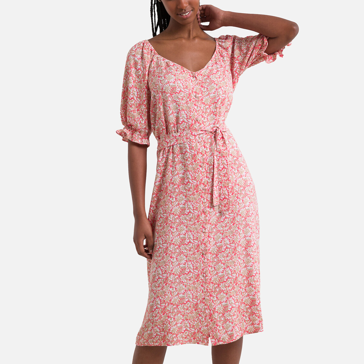 Платье Расклешенное с V-образным вырезом короткими рукавами и принтом XL розовый LaRedoute, размер XL - фото 1