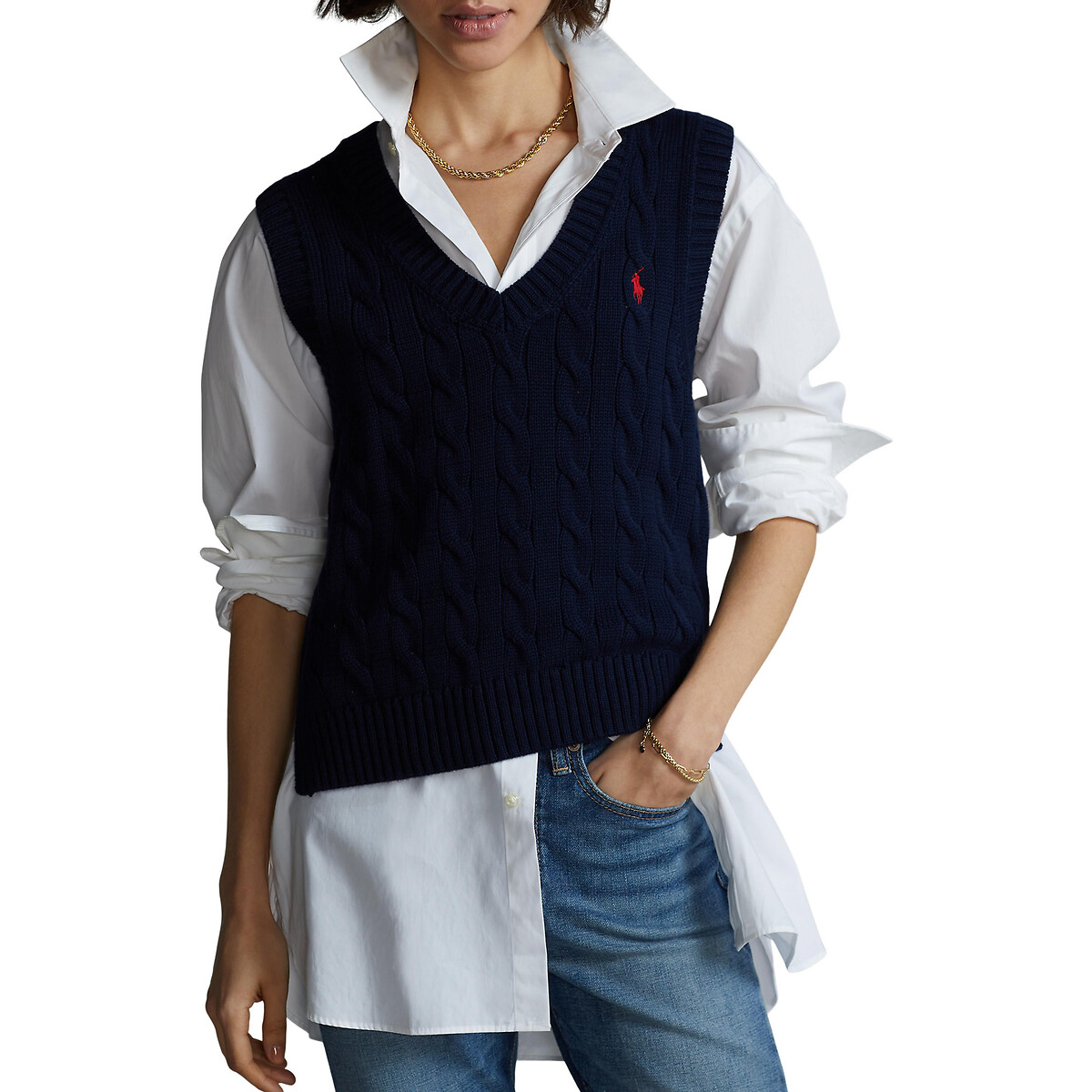 Пуловер POLO RALPH LAUREN С V-образным вырезом из тонкого трикотажа L синий, размер L