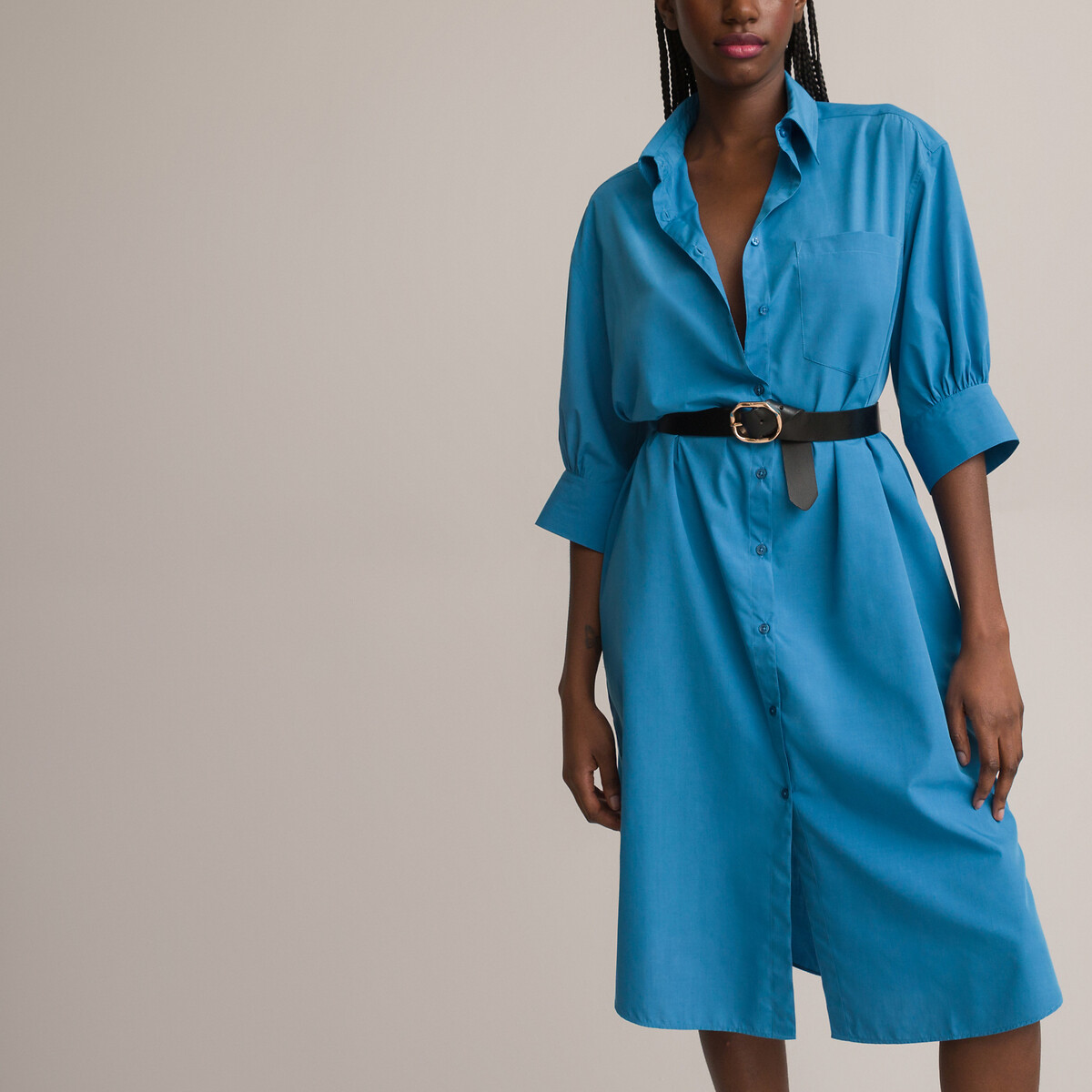 Платье-рубашка Длинное короткие рукава с напуском 44 синий LaRedoute, размер 44 - фото 4