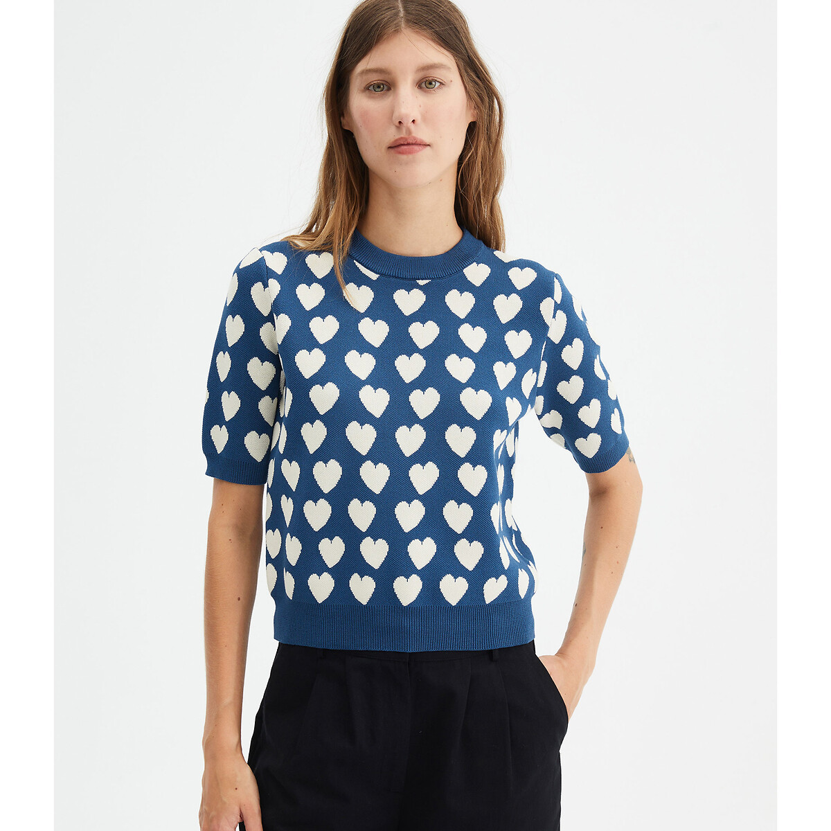 Пуловер С короткими рукавами и принтом сердечки S синий