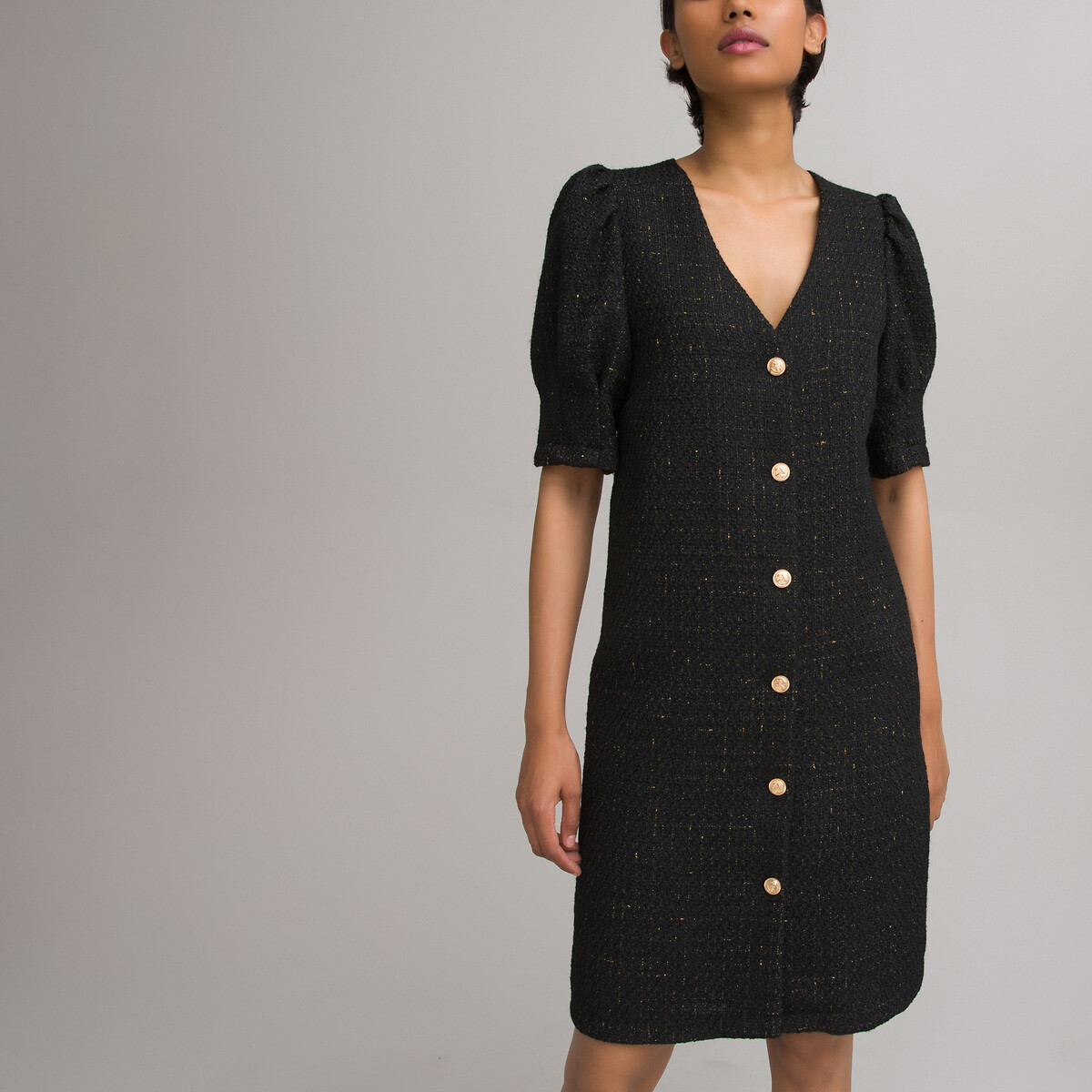 Платье LaRedoute Прямое короткое на пуговицах с короткими рукавами 40 черный, размер 40 - фото 1