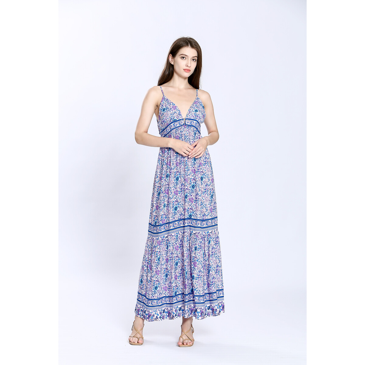 Платье длинное с принтом на тонких бретелях 4(XL) синий платье длинное с тропическим принтом caledonia xl синий