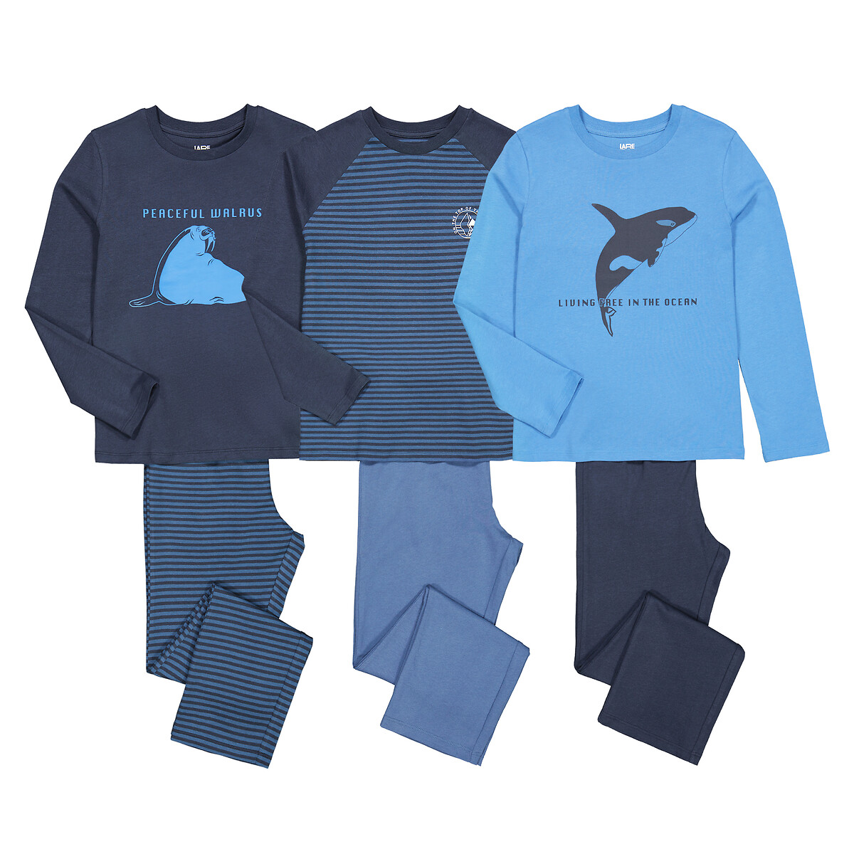 Комплект из трех пижам с принтами косатка морж и в полоску 5 лет - 108 см синий