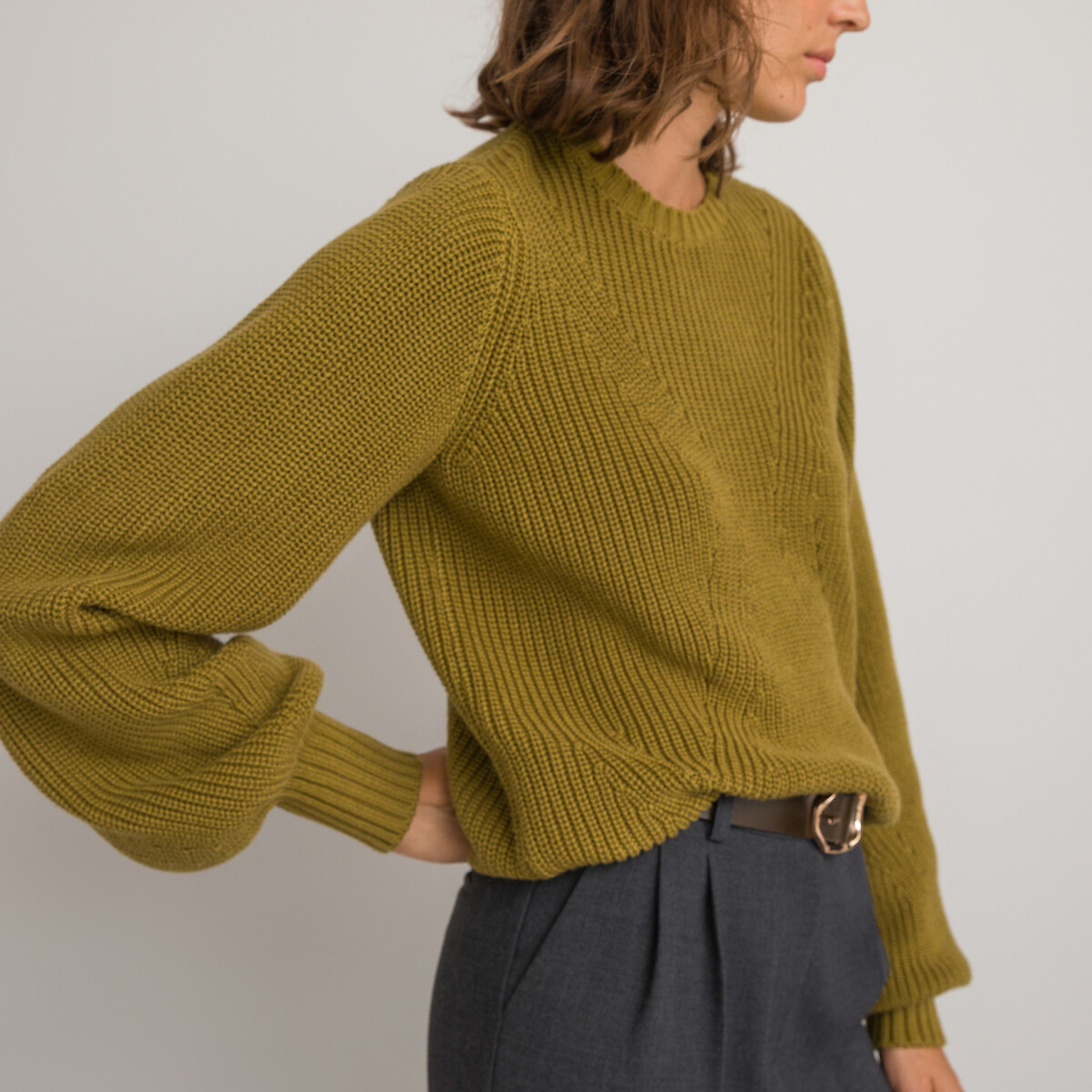 Пуловер с круглым вырезом из объемного трикотажа XXL зеленый пуловер с круглым вырезом из тонкого трикотажа xxl зеленый
