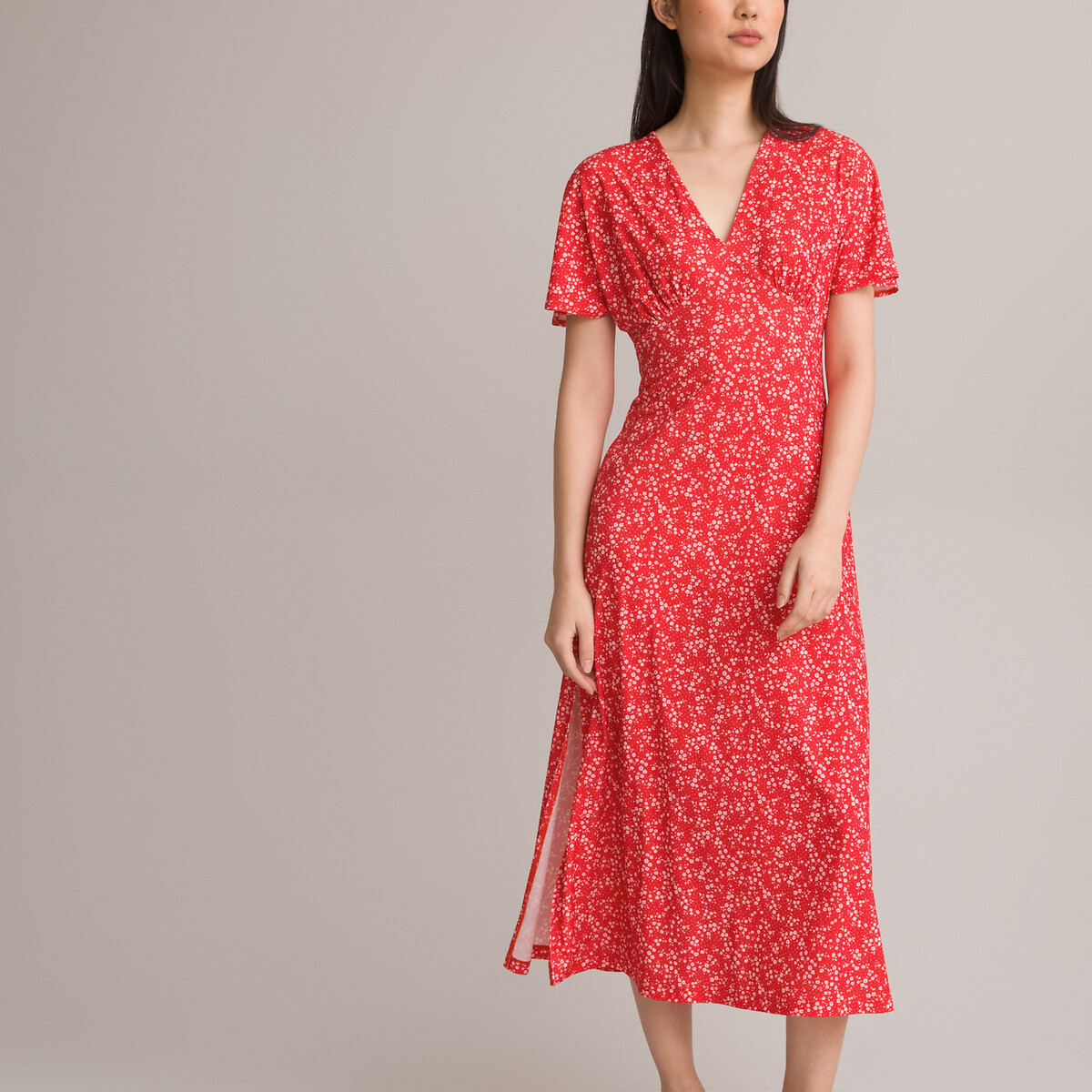 Платье Длинное расклешенное с принтом цветы 42 красный LaRedoute, размер 42 - фото 3