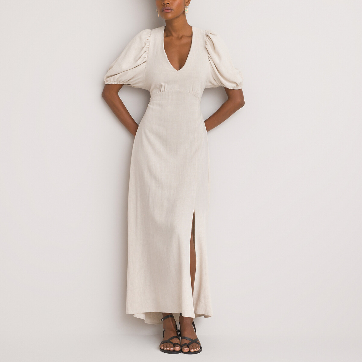 Платье LA REDOUTE COLLECTIONS Длинное расклешенное с V-образным вырезом декольте на спинке 42 бежевый, размер 42 - фото 1