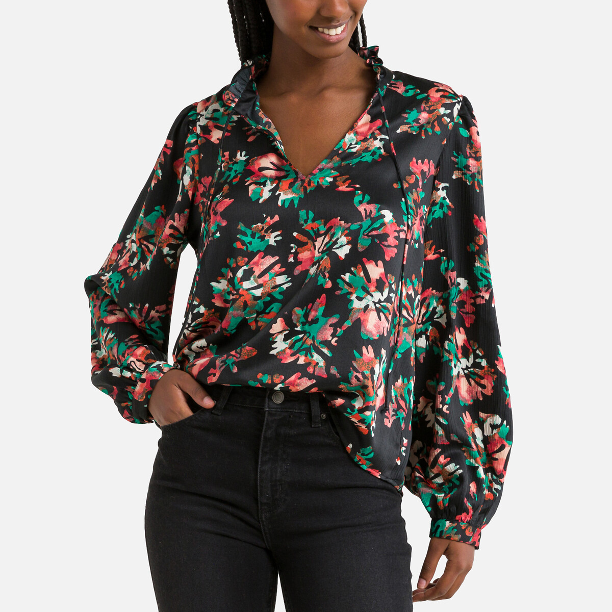 Блузка с принтом листья XS черный блузка с принтом