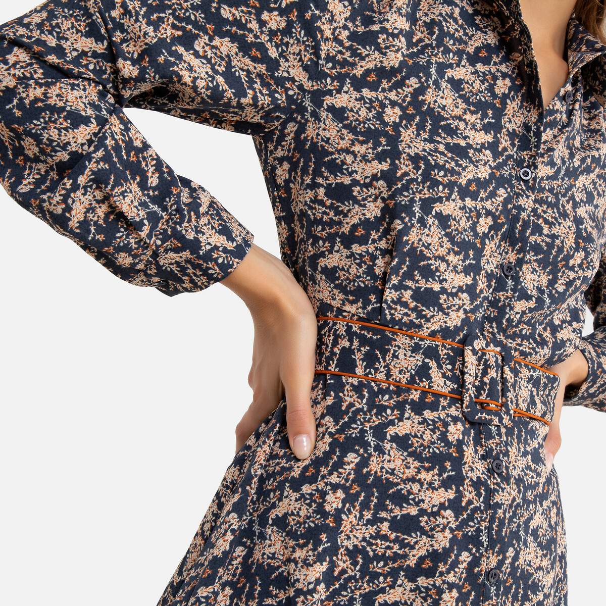 Платье-рубашка La Redoute С цветочным принтом с ремешком 1(S) синий, размер 1(S) С цветочным принтом с ремешком 1(S) синий - фото 3
