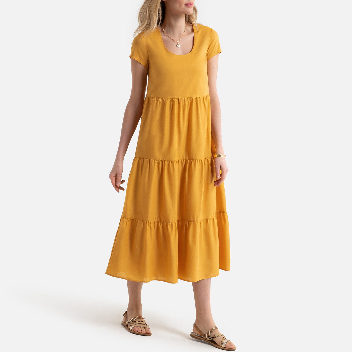 Платье LaRedoute Длинное расклешенное с короткими рукавами 46 (FR) - 52 (RUS) желтый, размер 46 (FR) - 52 (RUS) Длинное расклешенное с короткими рукавами 46 (FR) - 52 (RUS) желтый - фото 1
