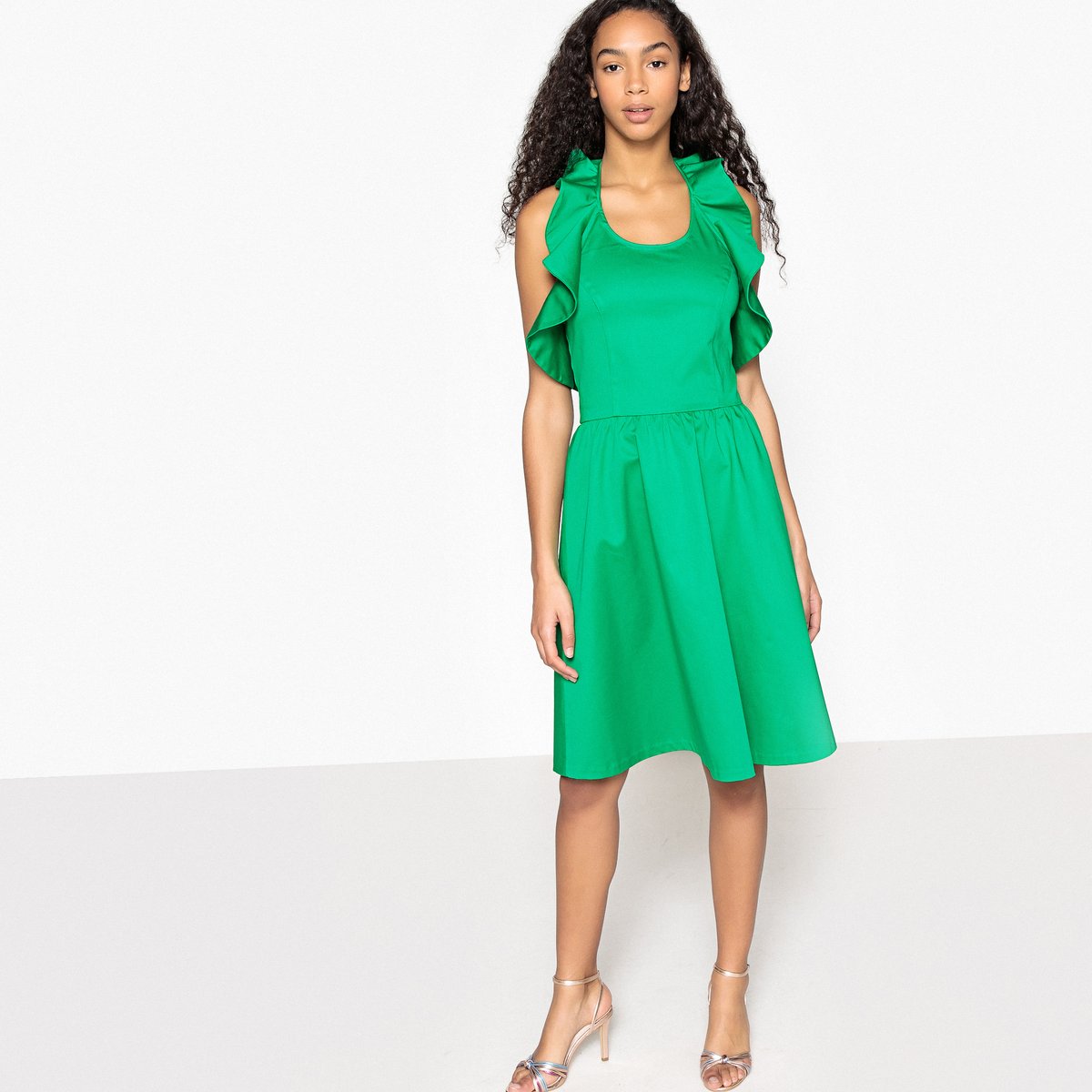 Платье LA REDOUTE COLLECTIONS Платье Расклешенное с открытой спинкой и воланами 40 зеленый, размер 40 - фото 2