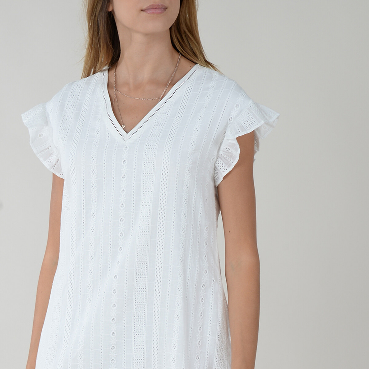 Платье LaRedoute С глубоким V-образным вырезом без рукавов укороченное из хлопка с вышивкой XS белый, размер XS - фото 4