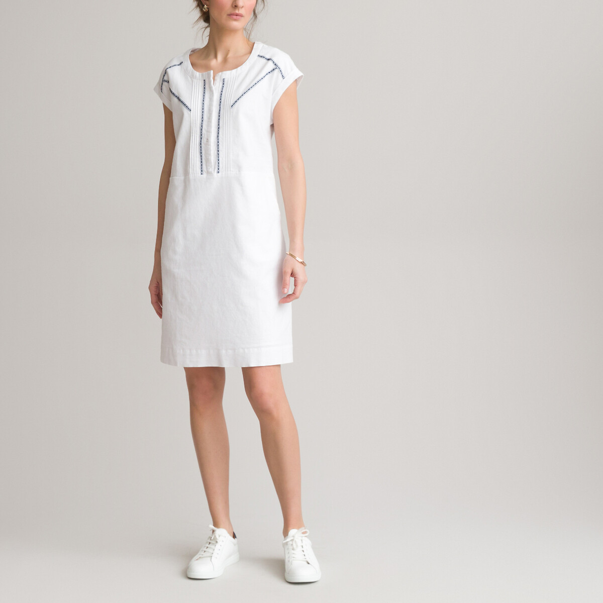 Платье ANNE WEYBURN Прямое из смешанного льна короткие рукава 52 белый, размер 52 - фото 2