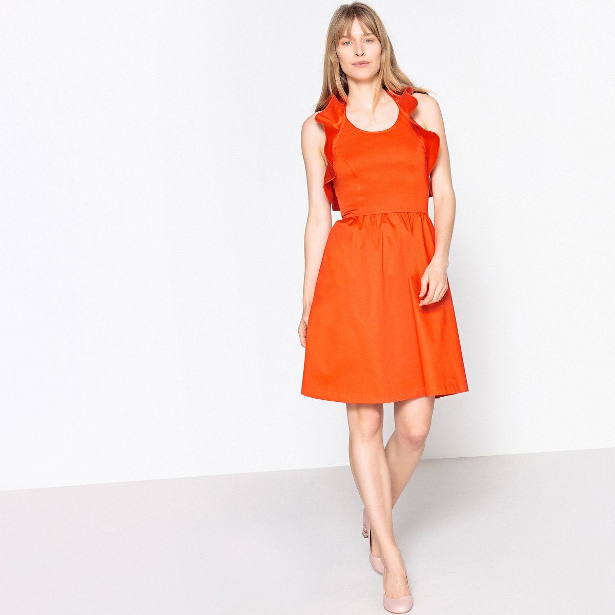 Платье La Redoute Расклешенное с открытой спинкой и воланами 44 (FR) - 50 (RUS) оранжевый, размер 44 (FR) - 50 (RUS) Расклешенное с открытой спинкой и воланами 44 (FR) - 50 (RUS) оранжевый - фото 2